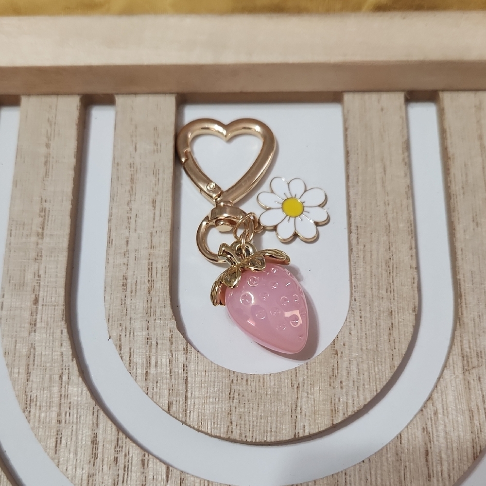 Gold and Pink Heart Keychain with 🍓Strawberry Charm 👜 Bag Charm 🎁 Accessory